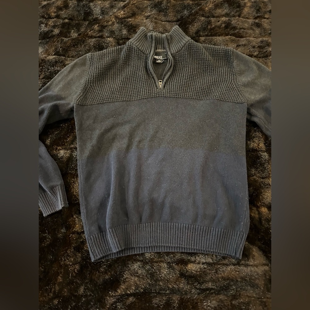 Boys Size 16 Two-Tone Gray & Navy Quarter Zip Knit Sweater Youth XL